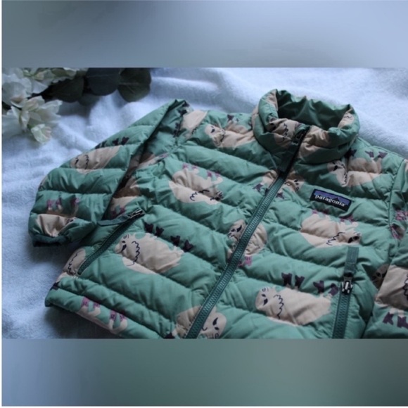 Patagonia Down Sweater Jacket in Gypsum Green Blue White Buffalo 12-18 months - Picture 8 of 11